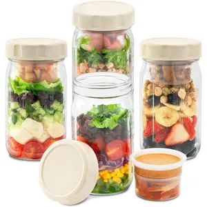 4 Pack Glass Salad Jars with Lids Meal Prep, Leakproof Container for Lunch, Two Small Built-in Boxes with Wet/Dry Separation for Salad Dressing and Dry Ingredients, 32oz Mason Jars Kitchen Plastic salad dress Storage Utensils Bpa Tin Canister