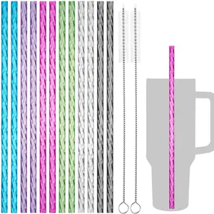 NiHome 12PCS Plastic Swirl Reusable Drinking Straws Fit for 40oz Stanley Tumbler, 12" Straws with 2 Brushes Wave Pattern, Durable PETG Material Straws, BPA-Free for Milkshakes, Water