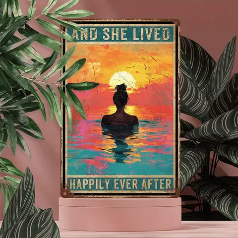 Prints 8x12 in And She Lived Happily Ever After Retro Sunset Silhouette Figure Design Scratch UV Resistant Easy Hang Living Room Bedroom or Office