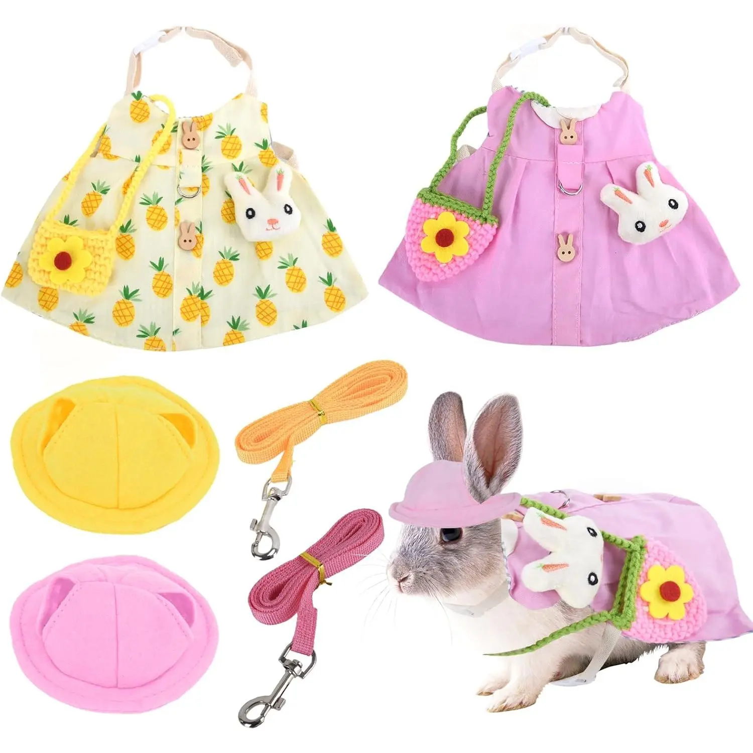 Rabbit Dress Bunny 2 Set, Rabbit Costume, Adjustable Pet Clothes with Leash, Hat, Mini Bag and Sling, Small Animal Accessories, Suitable for Rabbits, Ferrets, and Squirrels
