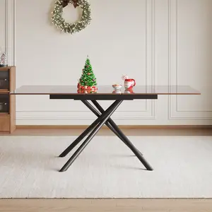 Perfect for Small Spaces!59-Inch Modern Rectangle Expandable Dining Table with Retractable Leaf, Black Sandblasted Glass Top & Carbon Steel X-Base, Sturdy Heavy Duty 4-6 Seater Kitchen Dining Table for Apartment Living Room Home Decor