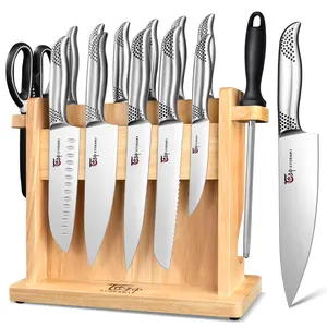 【TikTokShopSpringGlowUp】 SYOKAMI Kitchen Knife Set, 14 Pieces Japanese Style Knife Block Set with Magnetic Holder, High Carbon Stainless Steel Ultra Sharp Knives for kitchen with Ergonomic Handle and Sharpener, Black Dot, Mother's Day Gift