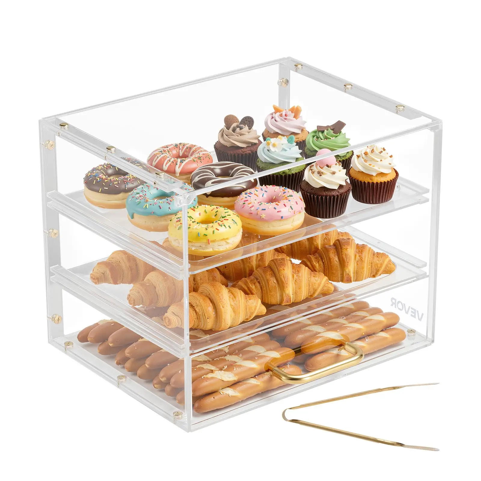 【Summerfinds】VEVOR Bakery Display Case, 3-Tier Commercial Countertop Pastry Display Case, Clear Acrylic Bread Box for Kitchen, Party Cake Cabinet with Flip-Up Door for Cookie Dessert Donut, 13" x 10.2" x 10.2"