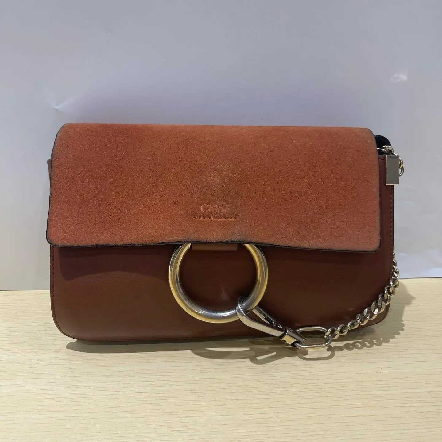 Pre-owned Chloé Chloe Small Faye Caramel Suede Flap Shoulder Bag Gold‑Tone Ring Hardware 237064