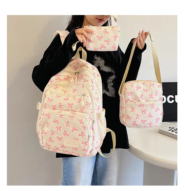 Girls' Chic Solid School Style Backpack - Retro Holiday Sweet & Cool Mix Design, Cute Bow Statement, Multiple Compartments, Double Zipper, High-Capacity for Back to School Haul & Campus Life