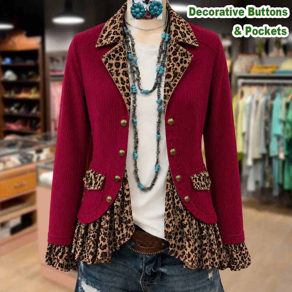 Cherrybetty Vintage Leopard Patch Long Sleeve Corduroy Jacket Winter Clothes Women Casual Womenswear Coats Outerwear Tops Decorative Buttons&Pockets