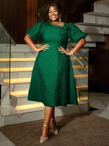 【Plus Size】 Glitter Bubble Sleeve High Waist Fitted Dress, Elegant Off Shoulder A Line Dress for Party Evening Formal Wear, Women's Plus Clothing for Summer