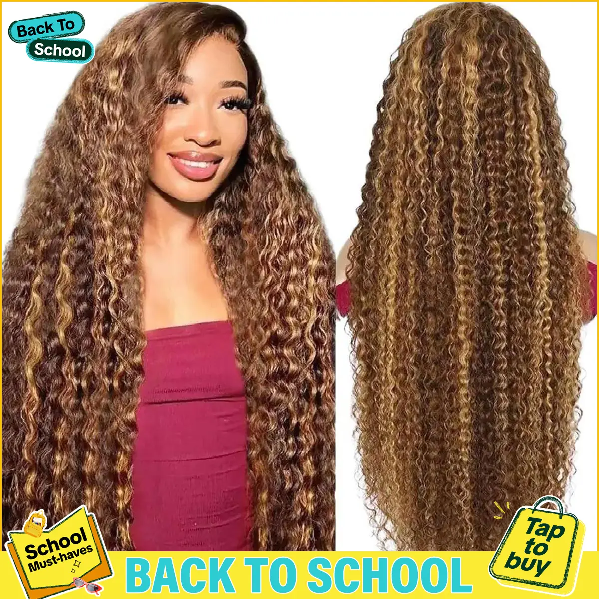 BGMgirl Brown Highlight Human Hair Lace Closure Wig - 6*4 Wear Go, 180% Density, Glueless, Pre-Plucked, Pre-Cut, Kinky Curly Deep Wave, Adjustable Strap, Fast Shipping, Back to School Style