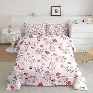 Pig Print Comforter Set,Cartoon Pigs Bedding Set,Lovely Animal Print Comforter,Strawberry Pink Super Soft All Season Room Decor Quilted Duvet Set