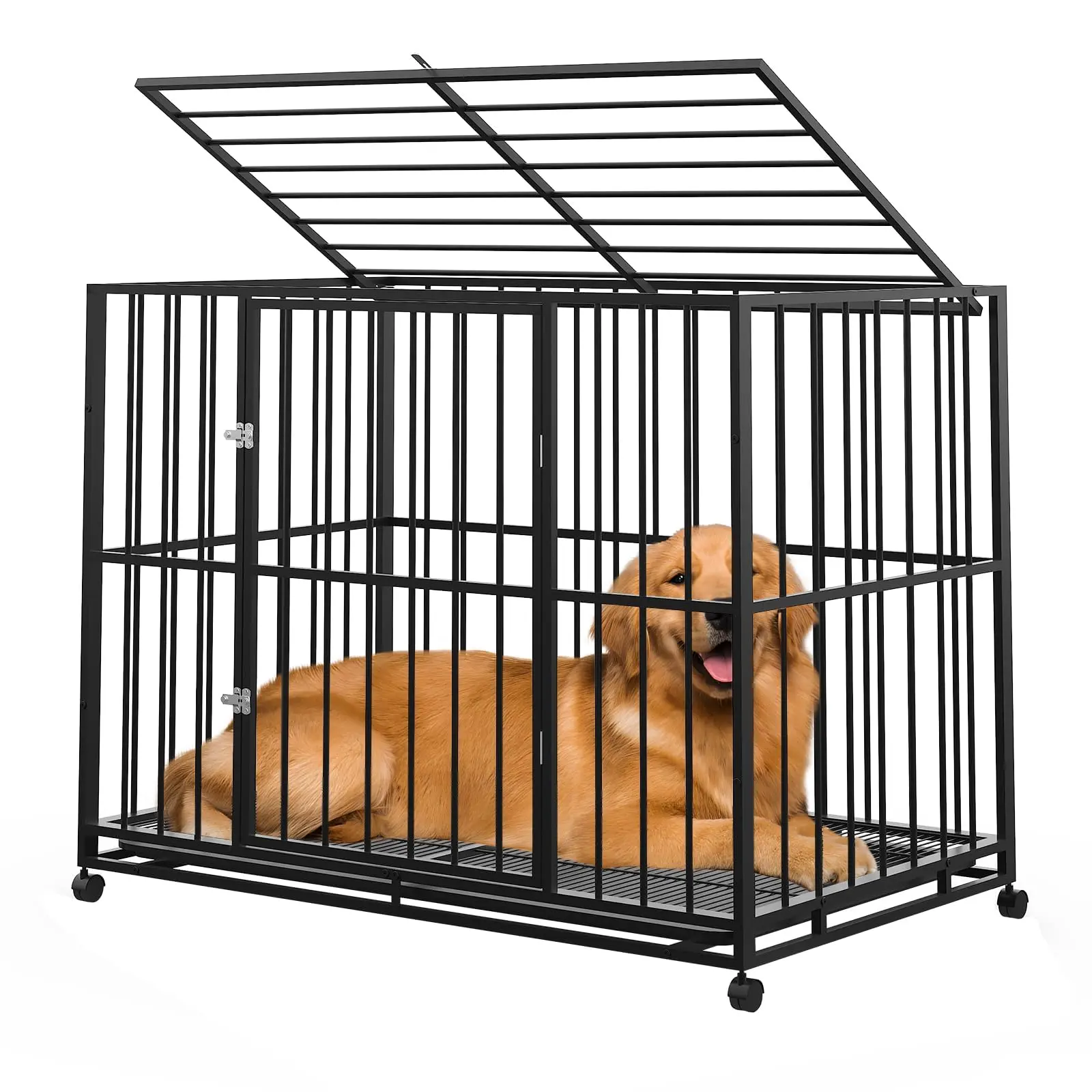 Garvee Dog Crate, Heavy Duty Stainless Steel Dog Kennel for Large Dogs, 48 Inch Escape Proof Dog Cage with Wheels, Indestructible Stackable Crate for XL High Anxiety Dogs, Silver