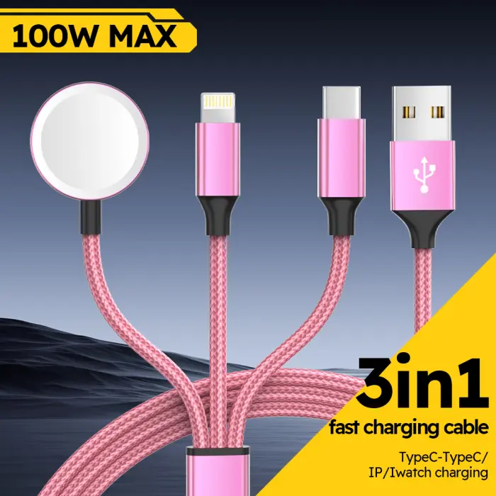 100W Magnetic 3 in 1 Charging Cable Pink Braided Fast Charger for iPhone iWatch USB C Travel Multi Device #TikTokMadeMeBuyIt