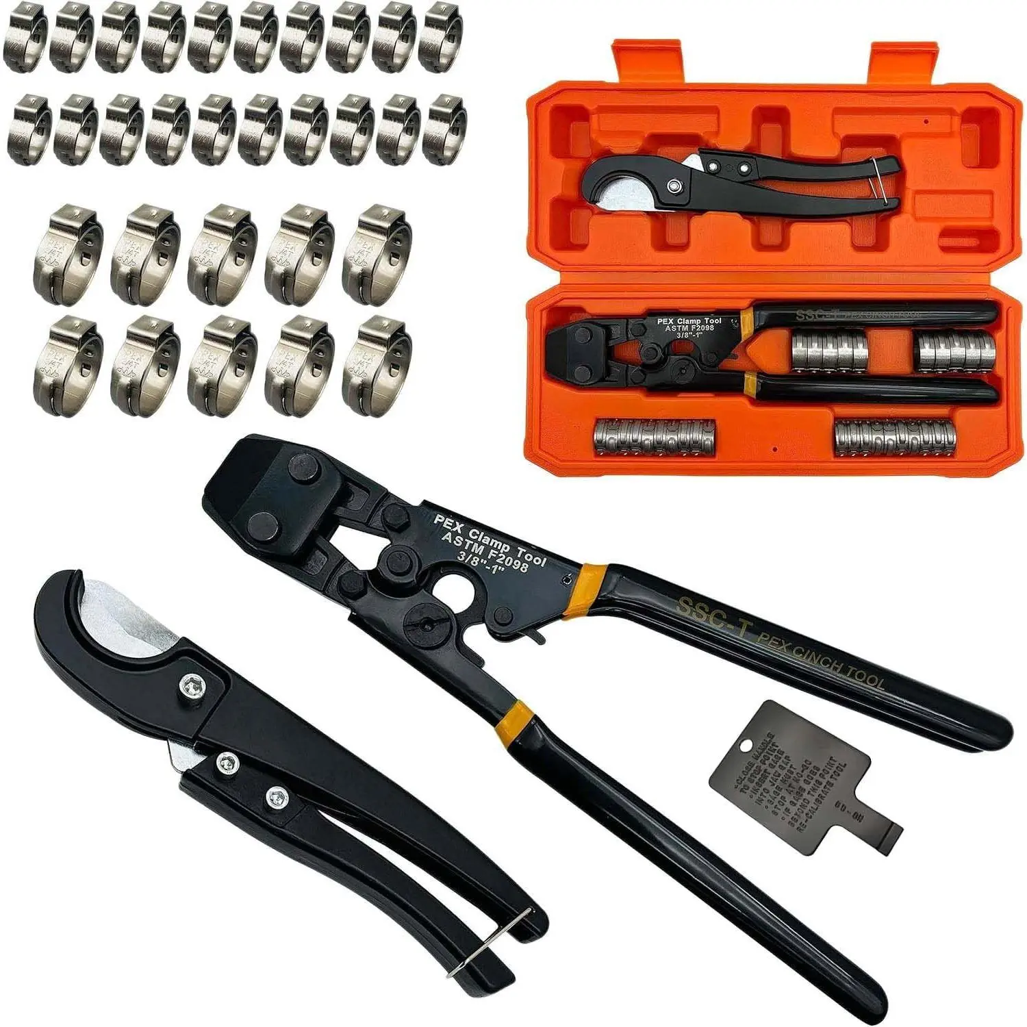 PEX Pipe Clamp Cinch Tool Crimping Tool Crimper for Stainless Steel Clamps from 3/8-inch to 1-inch with 1/2-inch 20PCS and 3/4-inch 10PCS SS PEX Clamps,with Pipe Cutter in Plastic Box