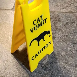Cat Vomit Wet Floor Sign - Yellow with Black Design, Warning Message for Cats Print
