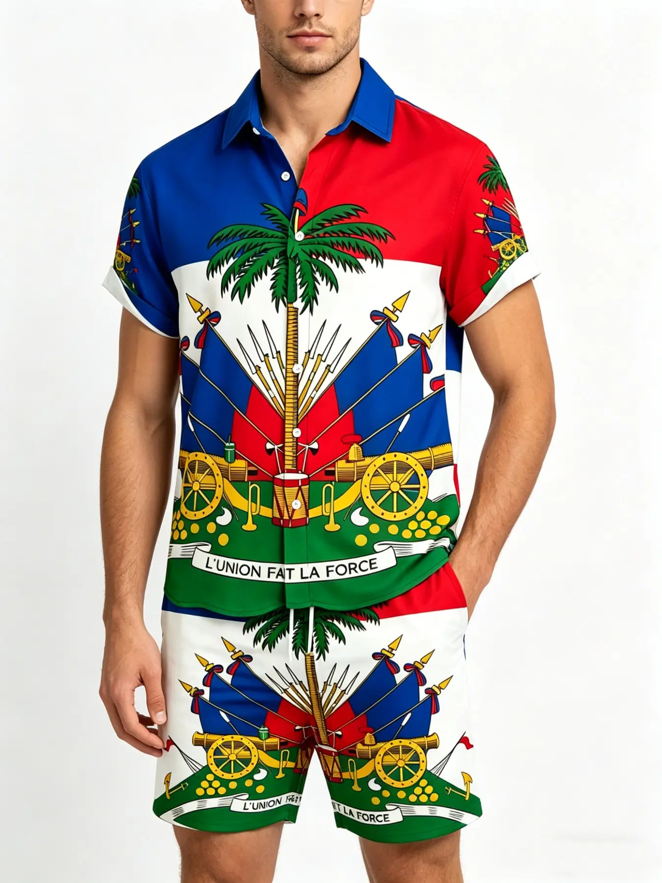 Men's Haiti Flag Emblem Print Short Sleeve Matching Set, Outfit, Casual Relaxed Fit Tropical Cuban Neck Shirt + Shorts, Breathable Fabric, Summer Vacation/ Daily Wear, Menswear