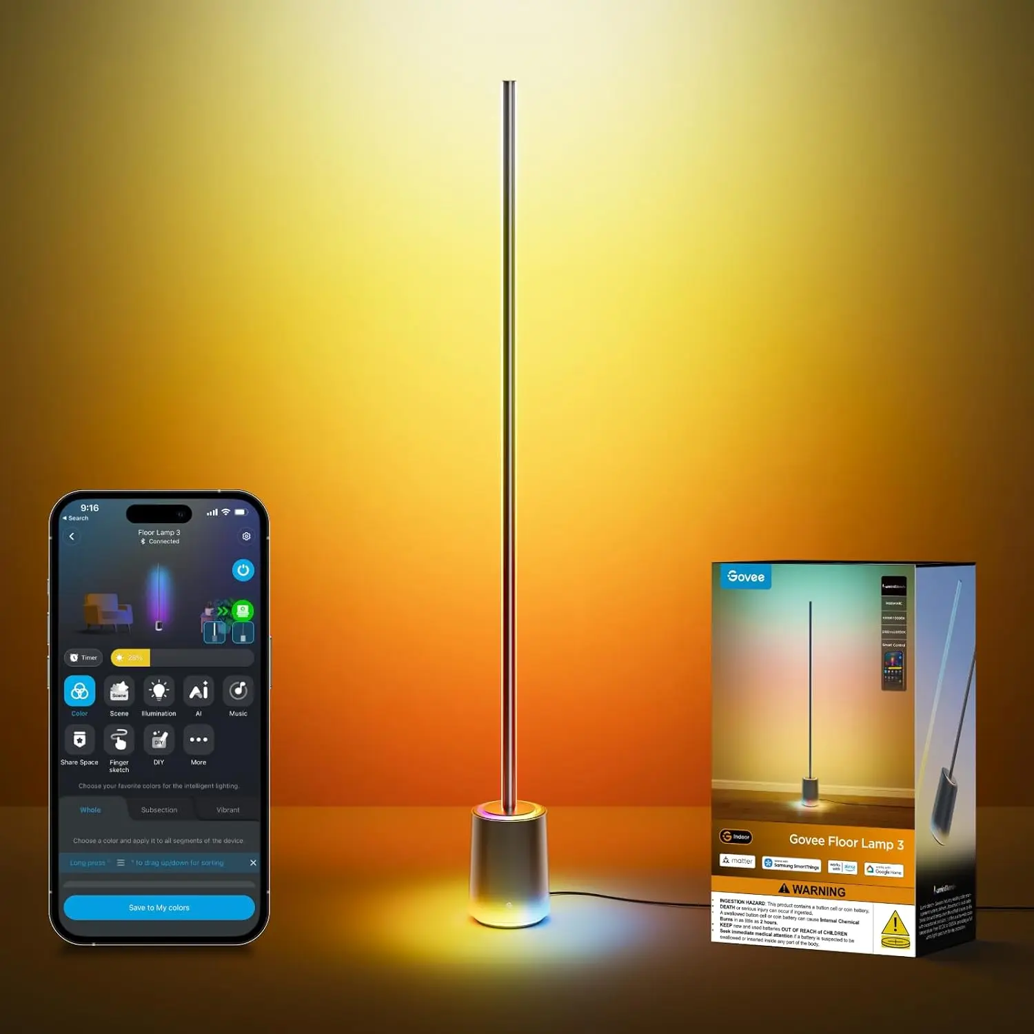 Govee Floor Lamp 3 with Luminblend+ Technology, 1000K-10000K Standing Lamp | Work with Matter, 2100lm Modern Floor Lamps for Living Room, Bedroom, Office, Corner Lamp with Dynamic Scenes, DaySync