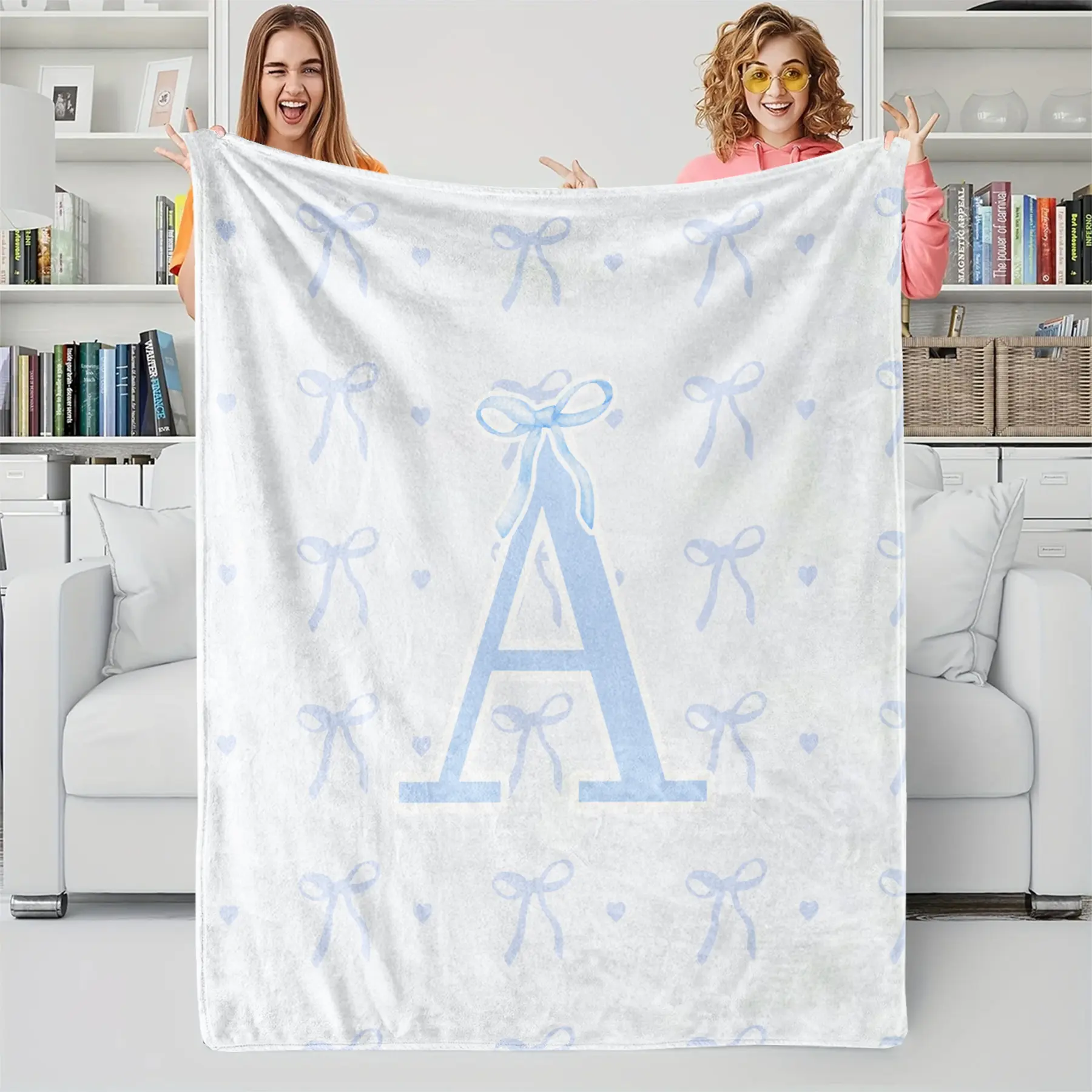 Blue bow-knot A-M letter flannel blanket, Soft Warm Blanket, fresh & soothing style, perfect for girls who like light colors, a choice for bedroom decor & gifts, durable, suitable for all seasons, multiple styles available