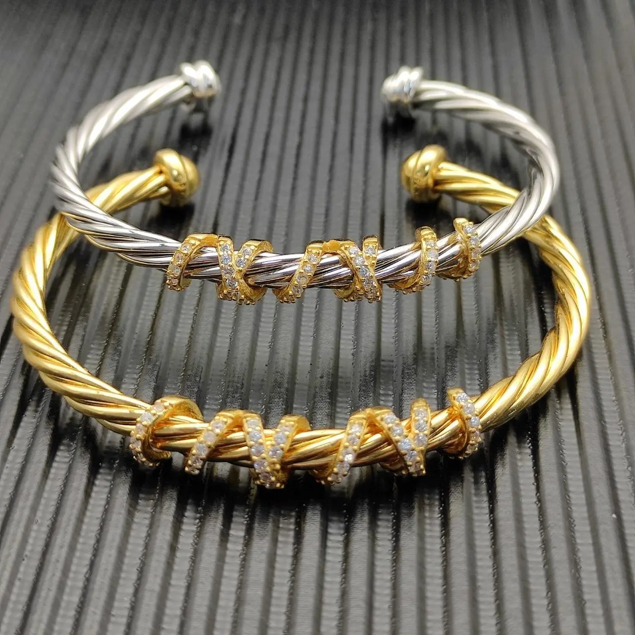 4mm Gold & Silver Two-Tone Twisted Wire Round Head Bangle | Mixed Metal Spiral Rotating Design Open Cuff Bracelet | 4mm Slim Curved Round Edge Stacking Bangle | Sleek Modern Accessory for Office, Party, or Date Night