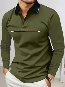 Spring & Autumn Mens Lightweight Paris Letter Print Long Sleeve Tshirt / Polo Shirt Fashion Casual Sportswear Suitable For Running, Golf, Fishing & Other Outdoor ActivitiesGreat gift for men