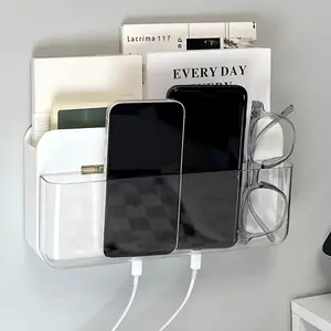 Adhesive Remote Control Holder Wall Mounted Phone Charging Holder Universal Controller Holder Wall Mount Storage Organizer Box No Drilling Home Office Desk (Bedside Shelf)