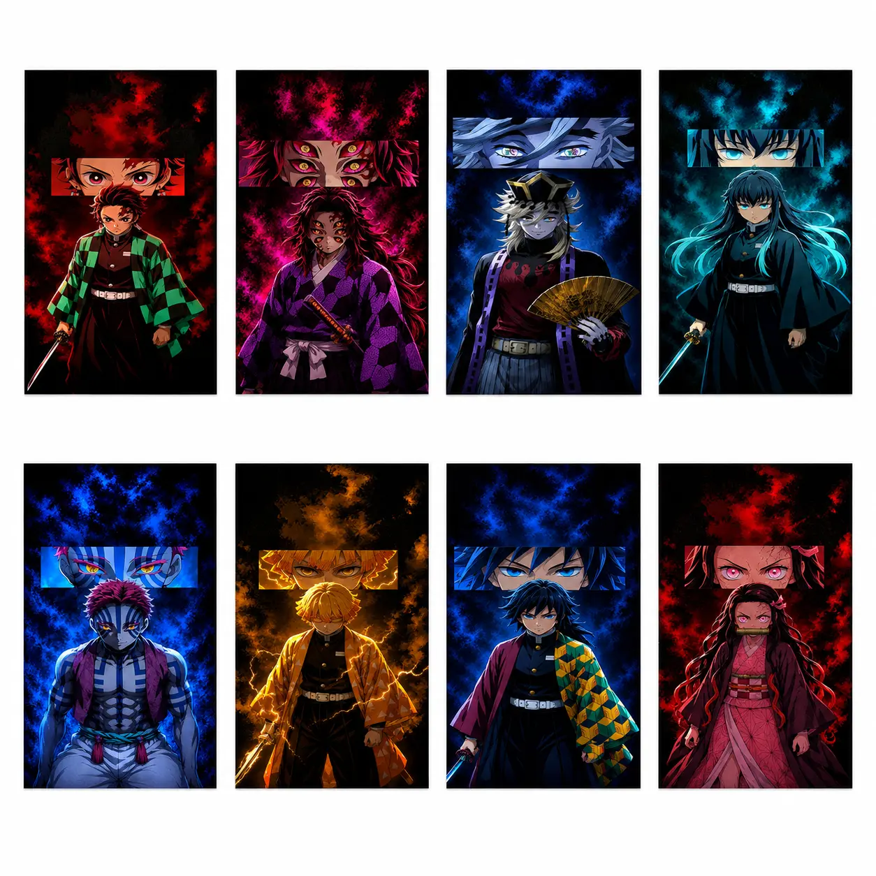 Demon Slayer Anime Character Set Wall Art Poster - Vibrant Canvas Print with Tanjiro, Nezuko, Zenitsu, Giyu, Muichiro, Akaza, Doma, Kokushibo - Cool Room Decor for Bedroom, Living Room