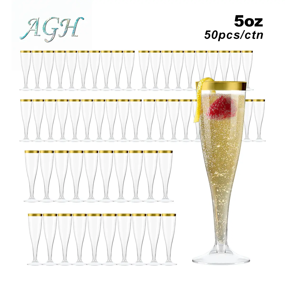 AGH US 50pcs 5 oz Plastic Clear Champagne Flutes with Gold Rim, Disposable Toasting Glasses for Champagne, Cocktail, Wine, Tequila, Perfect for Wedding, Engagement, Party & Mimosa Bar