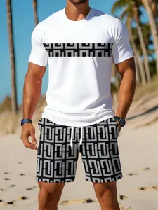 Men's Summer Tropical Casual Set, Short Sleeve T-Shirt with Geometric Pattern Shorts, Trendy Sporty Two-Piece, Breathable and Comfortable