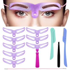 8 Pieces Eyebrow Stencil 8 Styles Eyebrow Template Reusable DIY Grooming Shaping Kit Washable Brow Template with Handle Stainless Steel Tweezers and Foldable Razor (Chic Style)