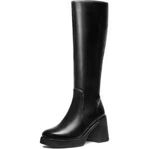 Black Knee High Boots for Women - Wide Calf Platform Tall Boots Square Toe Chunky Block Heeled Gogo Boots