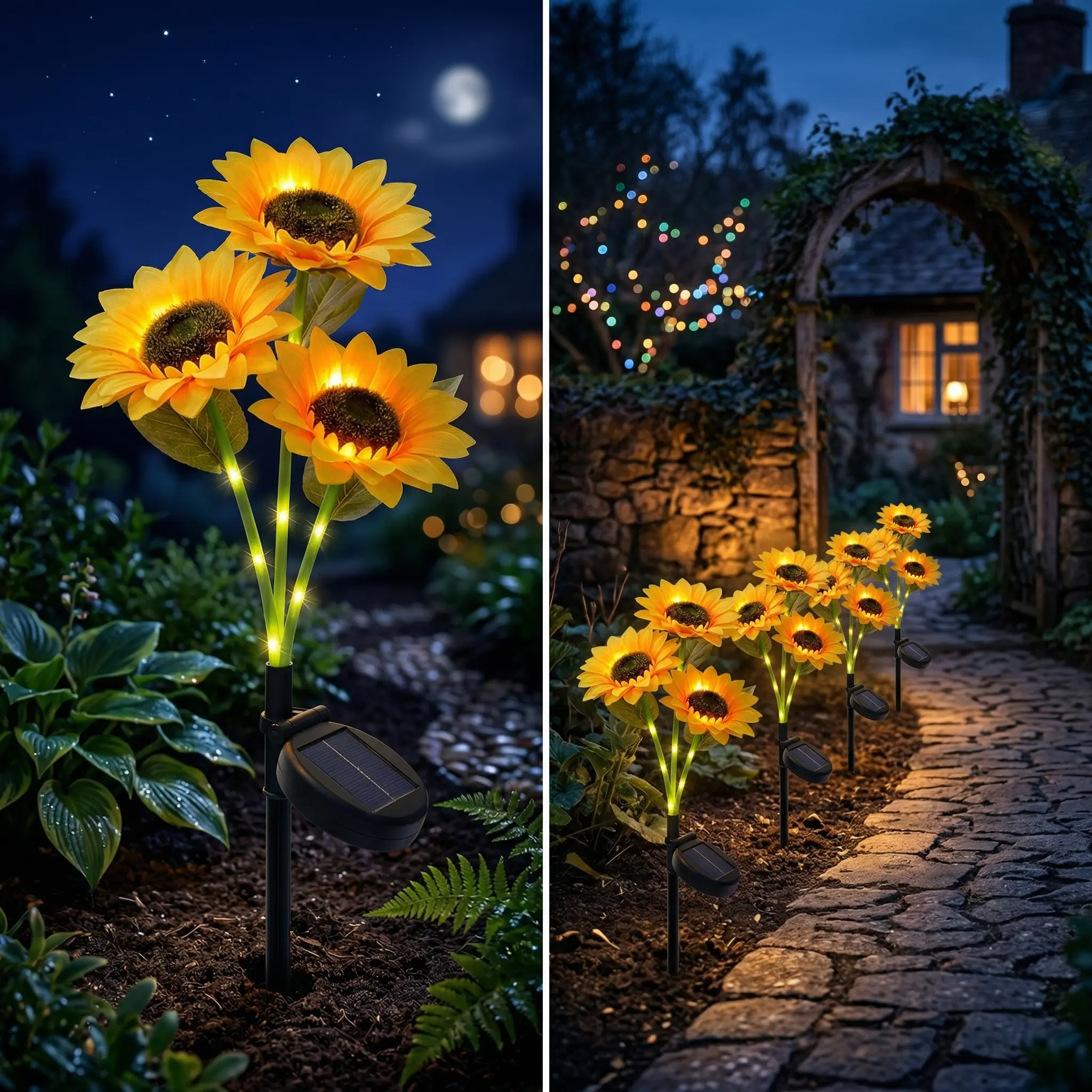 Solar sunflower light (three-head design), waterproof, suitable for outdoor gardens, lawns, and flower beds.Automatically lights up at dusk, intelligent sensor.Solar LED light source, landscape lighting, two-pack.