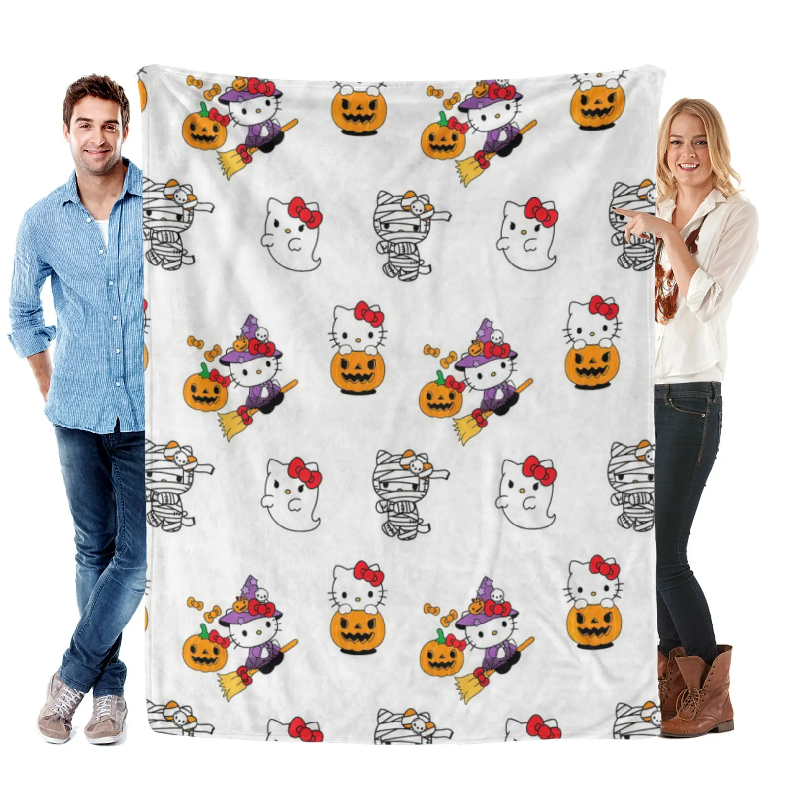 [Summervibes] Sanrio Halloween Pumpkin Mummy Ghost Hello Kitty Blanket - Cozy Flannel Cute Blanket For Teen Girls Hello Kitty Fans Halloween Birthday Holiday Presents