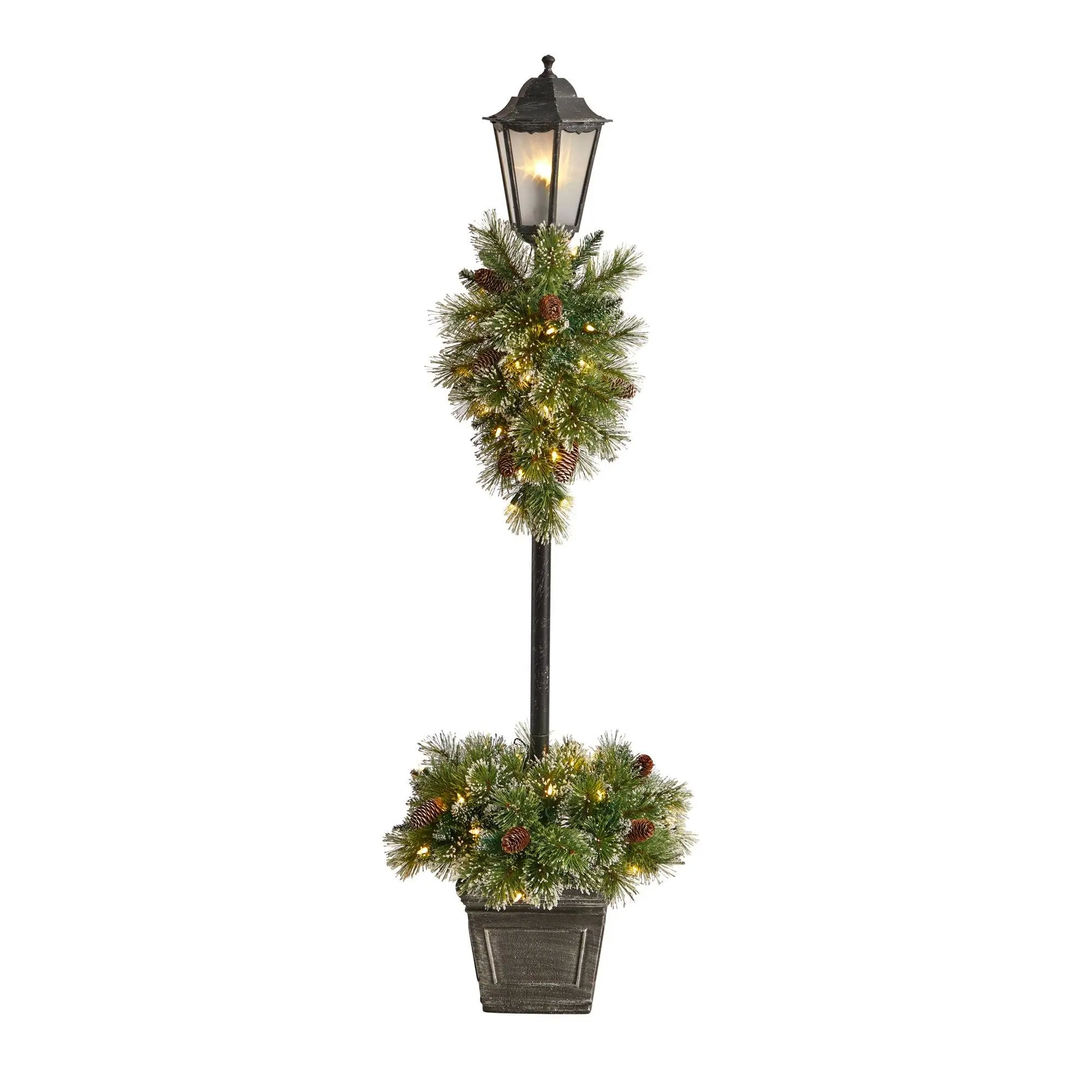 5ft Pre-lit Christmas Lamp Post Decor - Festive Style Decorative Lights (50 Fairy LEDs), Artificial Greenery, Sleek Finish Planter, Decorative Container for Bare Corners, Ideal Holiday Gift, Lighted
