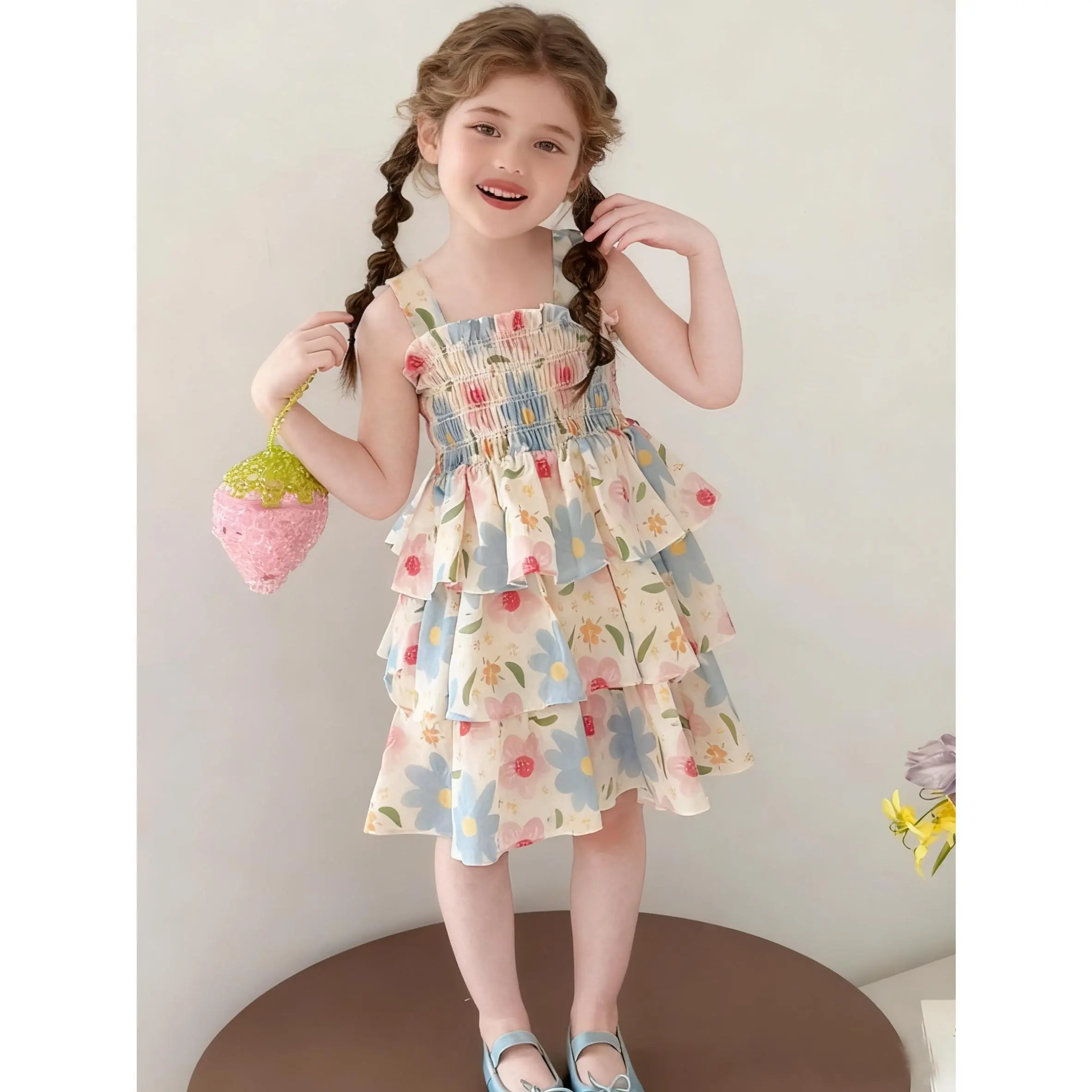 Girls Floral Spaghetti Strap Tiered Cake Dress Smocked Waist Pastel Flower Print Ruffle Layered Sundress Sweet Summer Casual Princess Outfit # Girls Daisy Smocked Ruffle Dress # princess style formal gown