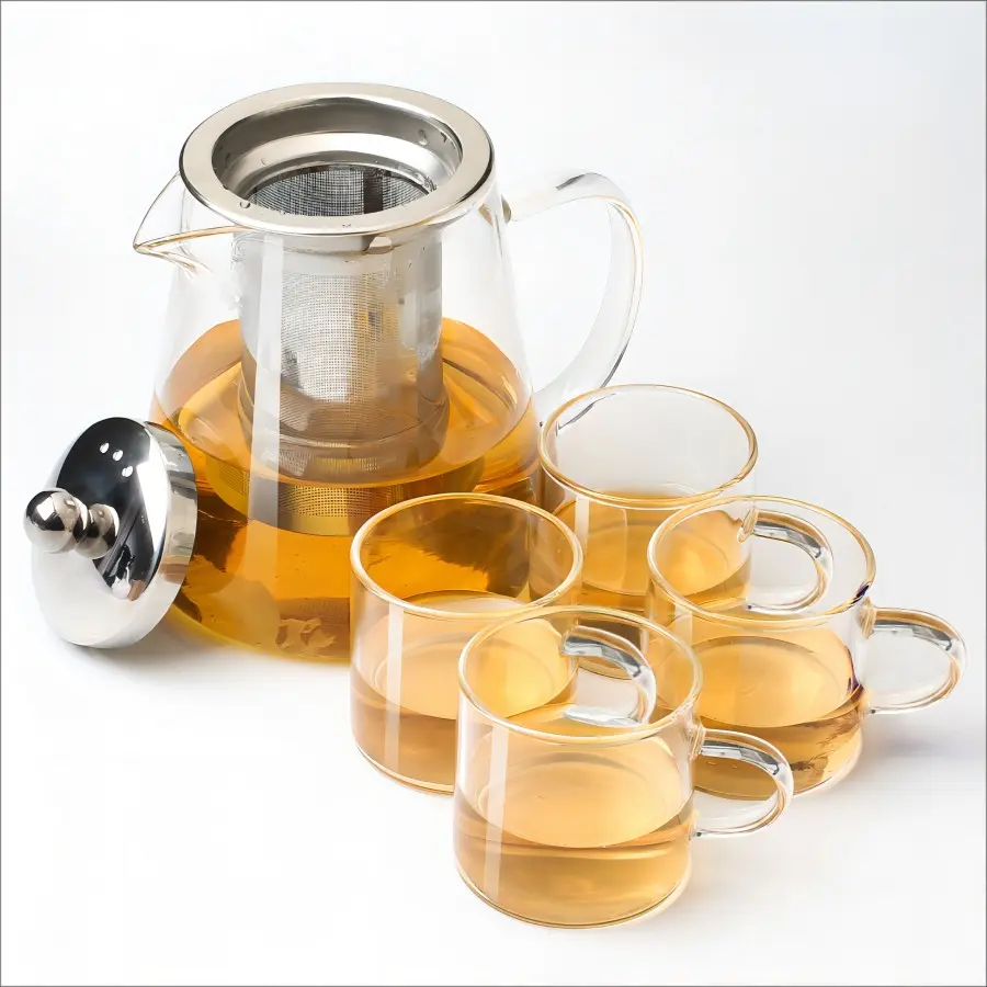 High-Temperature Borosilicate Glass Teapot, Stainless Steel Filter, Single or Set of Four Cups, Pearl Cotton Packaging, Clear, Tea Gift Set, Tea Sets