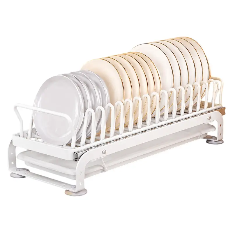 Pull Out Dish Rack for Kitchen Cabinets, Sliding Plate & Bowl Organizer with Removable Drain Tray, No-Drill Space-Saving Cabinet Storage Rack, Single or 2-Tier, White
