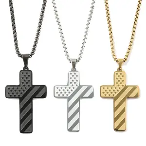 Cross Necklace with Bible Verse & American Flag Pendant - Stainless Steel Men's Jewelry Gift | Faith-Inspired, Bold & Patriotic Chain for Him, Daily Accessories trendy black birthday family cadena christ jesus style men