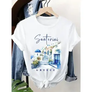Womens Cotton Graphic Tee Coastal Town Travel Print Vacation Top Retro Style Summer Short Sleeve Shirt Soft Breathable Casual Streetwear Aesthetic Gift Idea for Beach Lovers Trendy Crewneck Tee