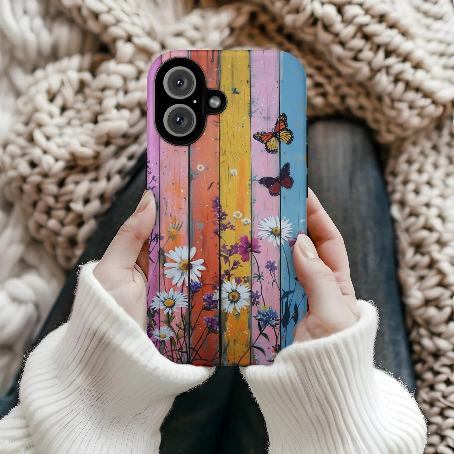 Colorful Wildflower & Butterfly Phone Case | Floral Wood Aesthetic Magnetic Gift Case for Phone