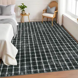 4x6 Geometric Checkered Grid Runner Rug - Non-Slip, Low Pile Faux Wool, Machine Washable Home Decor Rug for Home, Kitchen