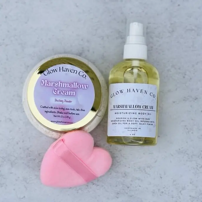 Glow Haven Co. Marshmallow Cream Body Oil + Dusting Powder Set | Vanilla & Fluffy Marshmallow Scent | Long-Lasting Gourmand Bundle Shea Fragrance