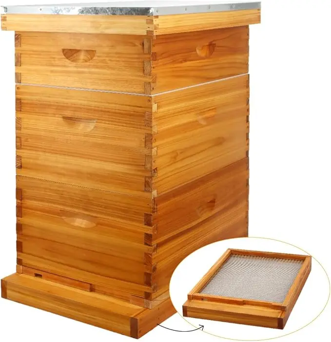 MayBee Hives 10-Frame Cedar Wood Screened Base Beehive Kit, Durable Starter Supplies with 2 Deep Boxes, 1 Medium Box, Frames & Heavy Wax Foundations, Easy Assembly (Ideal for Summer)