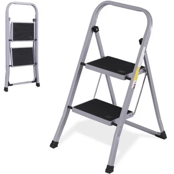 Home 2-Step Folding Steel Ladder with Anti-Slip Wide Pedals, Handgrip, 350Lbs Load Capacity
