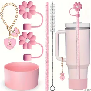 Letter & Flower & Butterfly Design Cup Accessories Set, 6pcs Including Straw Topper Cover Cap & Boot & Straw & Cleaning Brush, Modern Reusable Silicone Tumbler Cup Accessories, Drinking Gadgets, Drink Protector