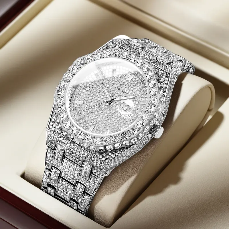 Men's Luxury Moissanite Quartz Watch - 42mm Round Dial, Alloy Strap, 30m Waterproof, Polished Look Fashionable Daily Wear Watch for Business Casual Outfits, Ideal Mens Gifts for Adults, Fashionable Waterproof Watch