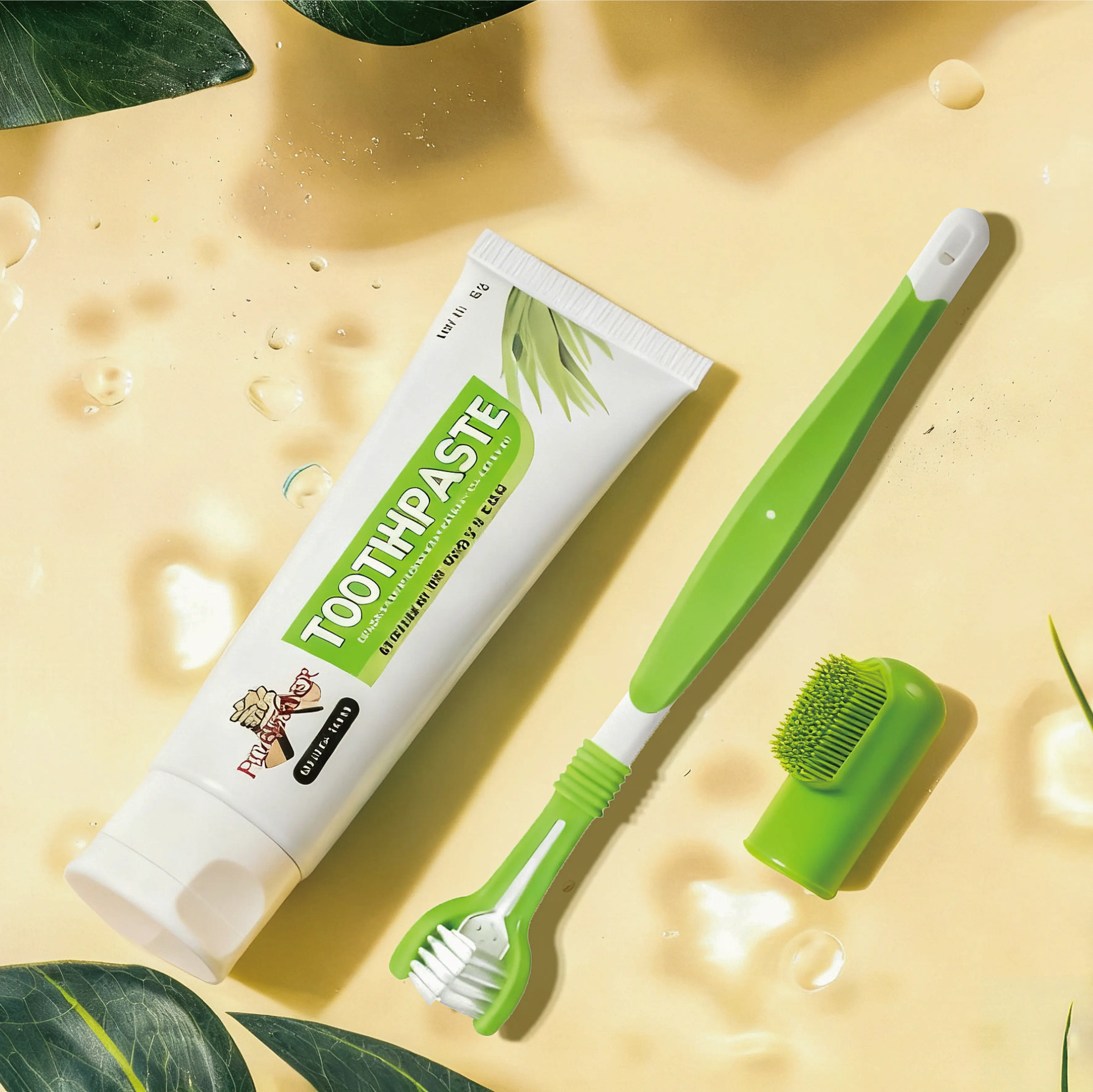 Pet Toothpaste & Oral Care Kit - 3-Headed Brush, Finger Brush, Natural Vanilla Flavor Green Cleaning Set with Box for Cats & Dogs