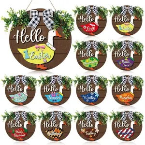 Interchangeable Goose Sign Gift Wooden Goose Decor with Magnet Detachable Seasonal Welcome Changeable Hello Geese Signs Rustic Farmhouse Front Door Round Wreaths Hanging Decorations for Party Porch Home Outdoor Wall Office