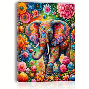 A vivid elephant canvas wall art with colorful floral mandala design, framed in wood, suitable for home or office decoration, ideal as a bachelorette party gift, size 11.8x 15.7inch
