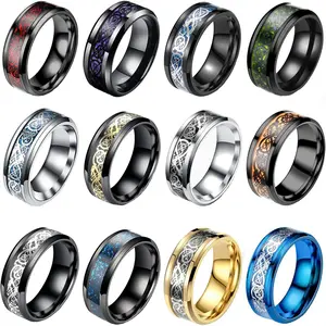 12 Pcs 8mm Scratch-Proof Stainless Steel Unisex Stackable Rings - Men’s/Women’s Beveled-Edge Black Dragon Inspired Wedding Band Rings, Sizes 7-11, High-Quality Fashion Design, Ideal Gift, Dragon Inspired Rings