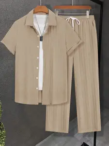 Men's fashion Classic solid color Plain short-sleeved shirt   long pants two-piece set, leisure vacation style, loose version breathable fabric, shirt &; straight-leg pants, spring and autumn wear.