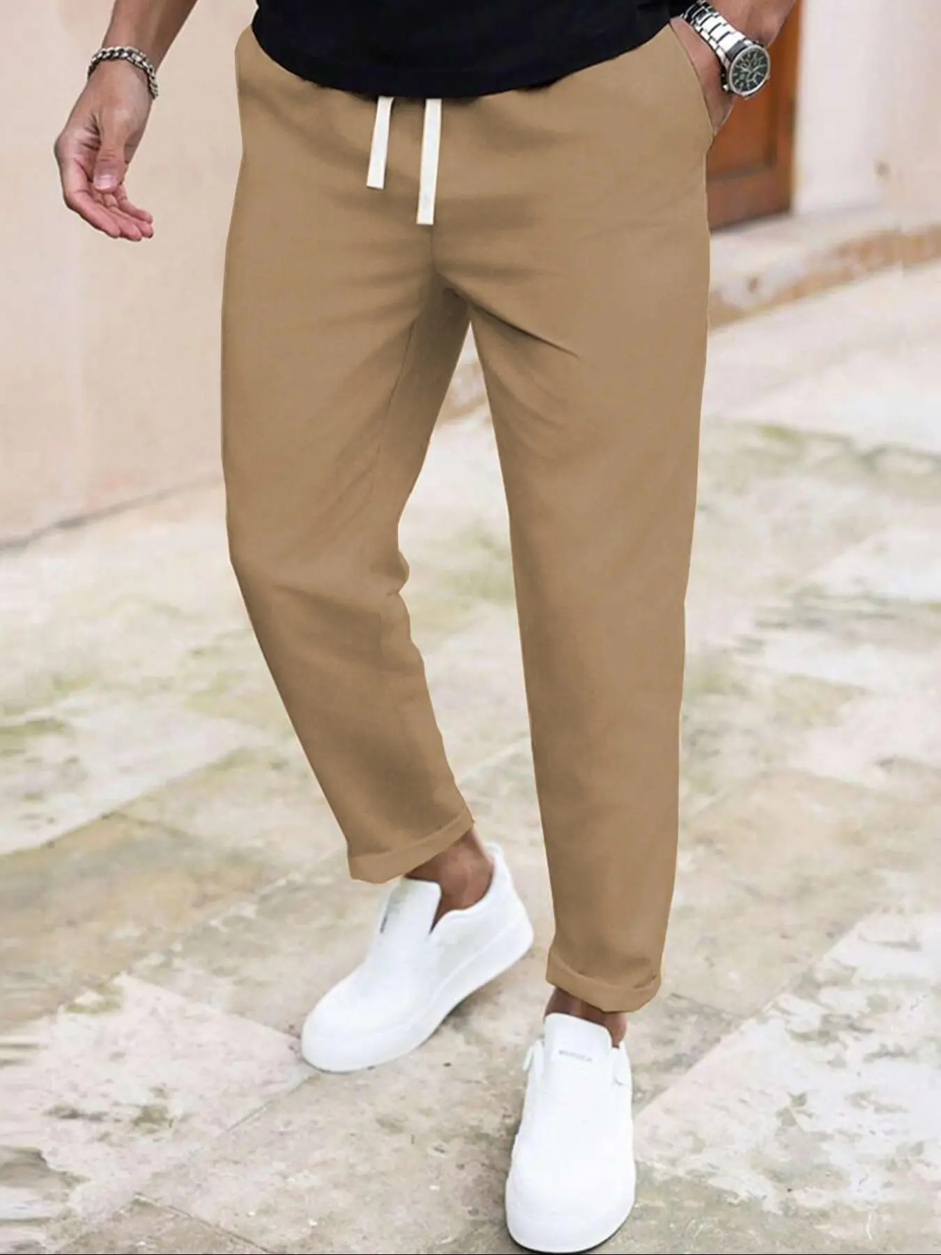 Manfinity Basics Men Fitted Solid Casual Slant Pocket Drawstring Waist Pants