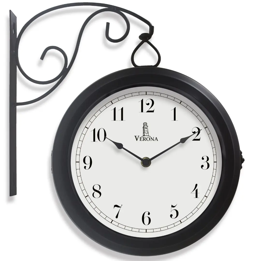 Metal Double Sided Wall Clock 10" - Decorative Indoor Outdoor Double Sided Clock - Easy to Read, Hanging Train Station Style for Patio, Garden, Office & More - Antique Style Outside Corner Wall Decor